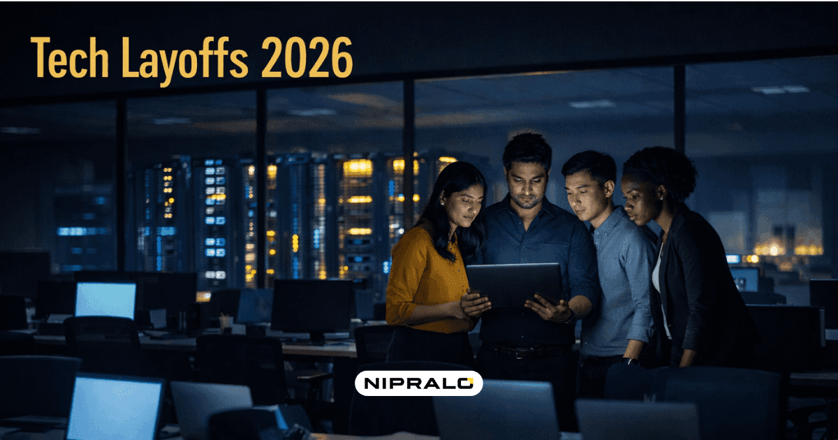 Tech layoffs 2026 AI impact: silhouettes of tech workers leaving a modern office while glowing AI server racks hum in the background, overlaid with company logos of Oracle, Snap, Atlassian