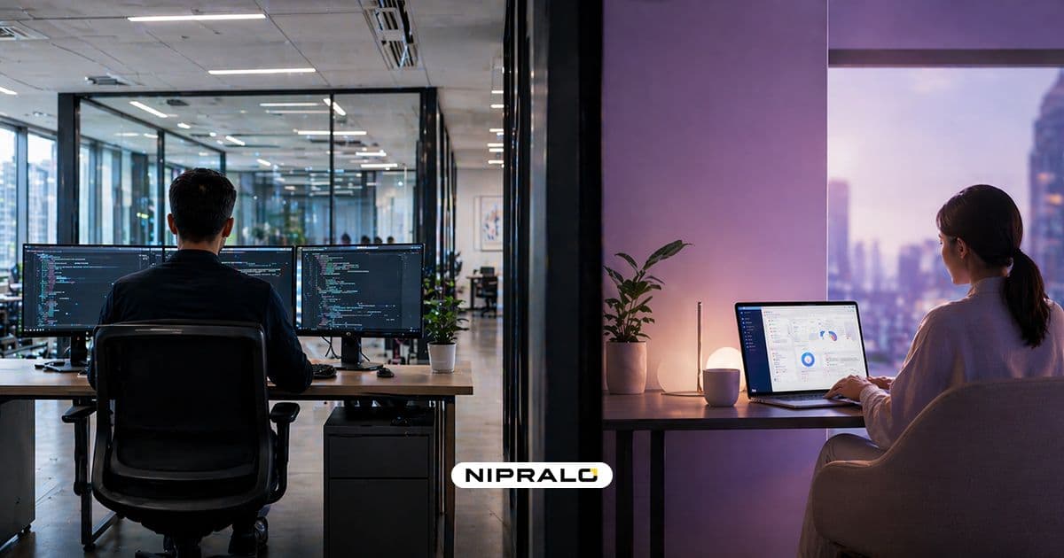 Indian business owner comparing SaaS subscription costs against a custom software build on a laptop, illustrating the build vs buy software decision in 2026