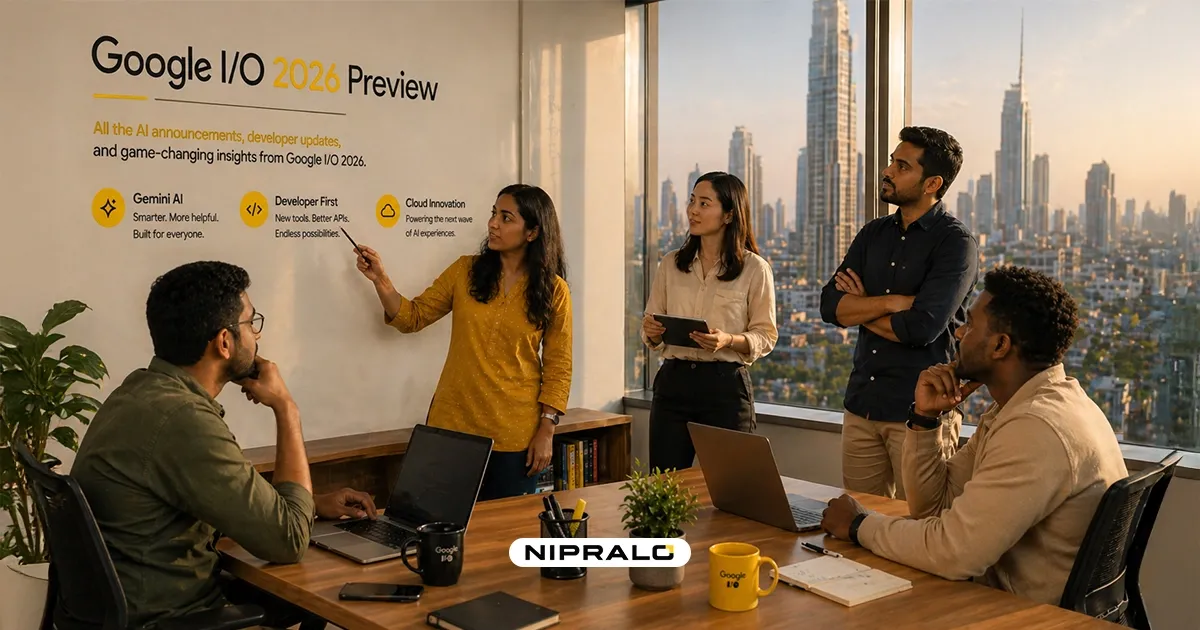 Google I/O 2026 preview cover showing Gemini AI, Android, AI glasses, and Aluminium OS announcements