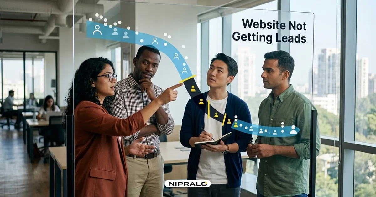 Diagnostic illustration showing why a website is not getting leads in 2026, with conversion fixes for B2B and SMB businesses.