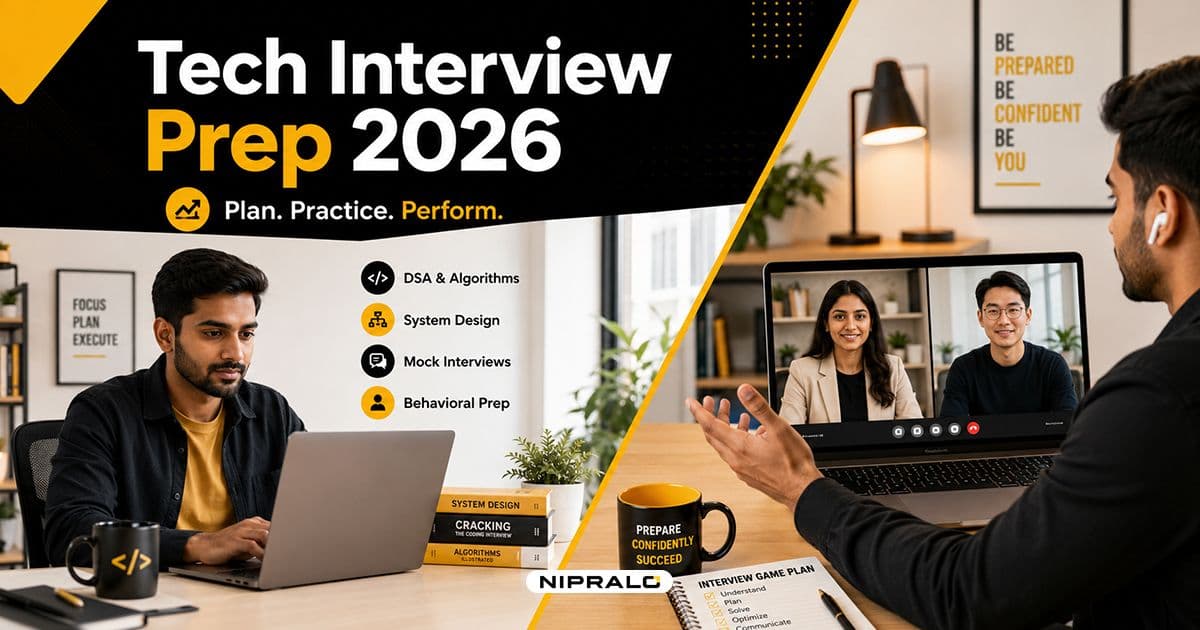 A diverse group of professionals preparing for a tech company interview, reviewing code and notes at a modern workspace, tech interview preparation 2026