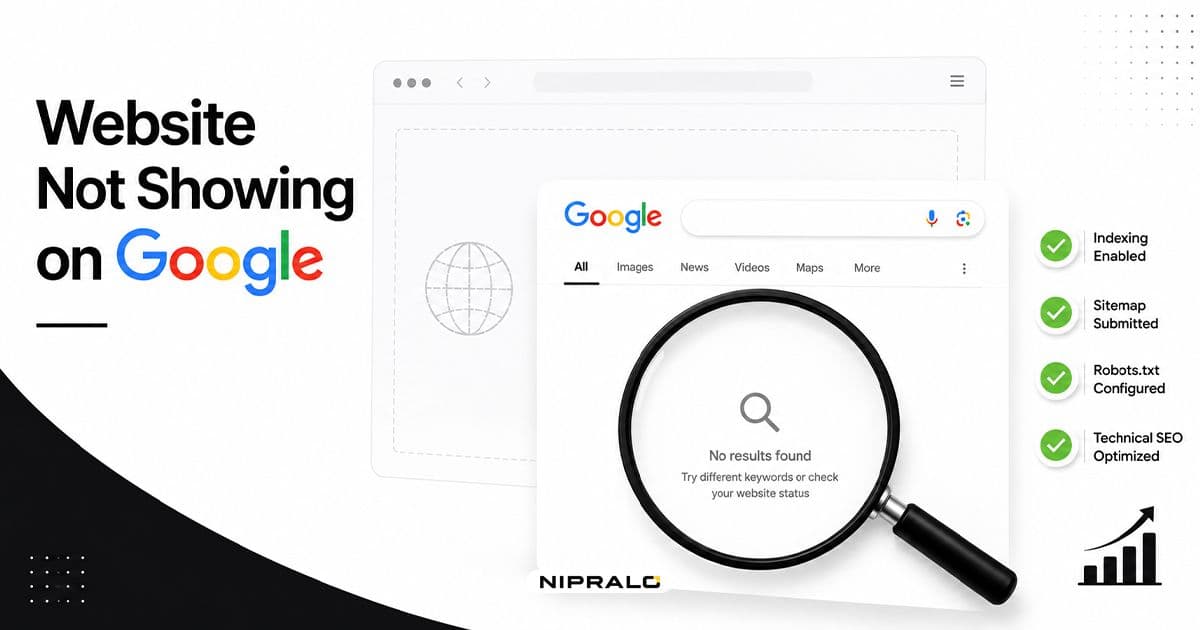  Illustration showing a website not showing on Google search results in 2026, with a magnifying glass over an empty results page and a checklist of fixes.