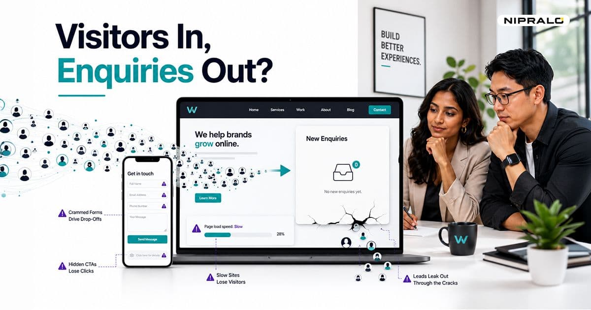 Illustration of a website with high visitor traffic but no enquiries, showing conversion killers like slow load speed, broken mobile layout, and long forms quietly losing leads.