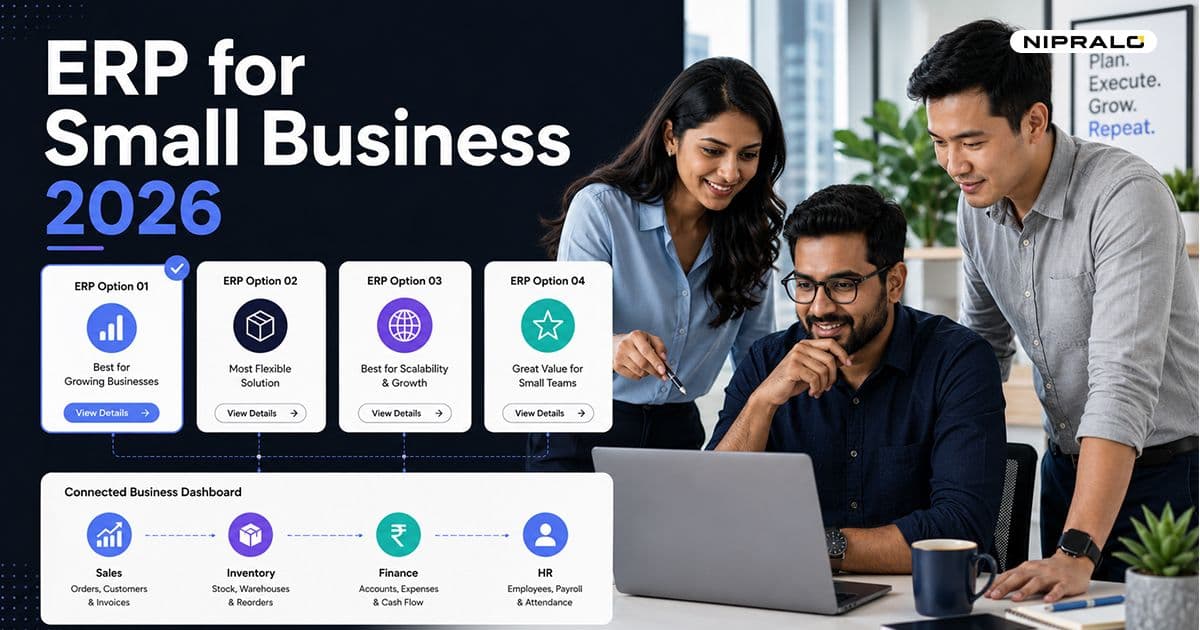 ERP software for small business 2026 comparison: a diverse team reviewing Zoho, Odoo, ERPNext and custom ERP options on a dashboard screen.