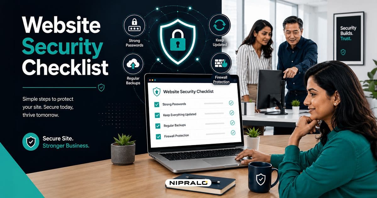 Non-technical business owner reviewing a website security checklist on a laptop, illustrating how to protect your business website from hackers in 2026.