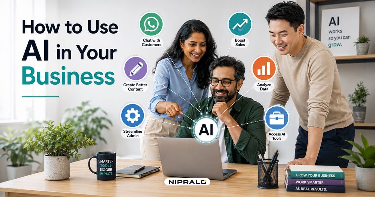 Illustration showing how to use AI in your business, with six icons for customer chat, marketing, admin, sales, data, and tools, around a small business owner at a laptop.
