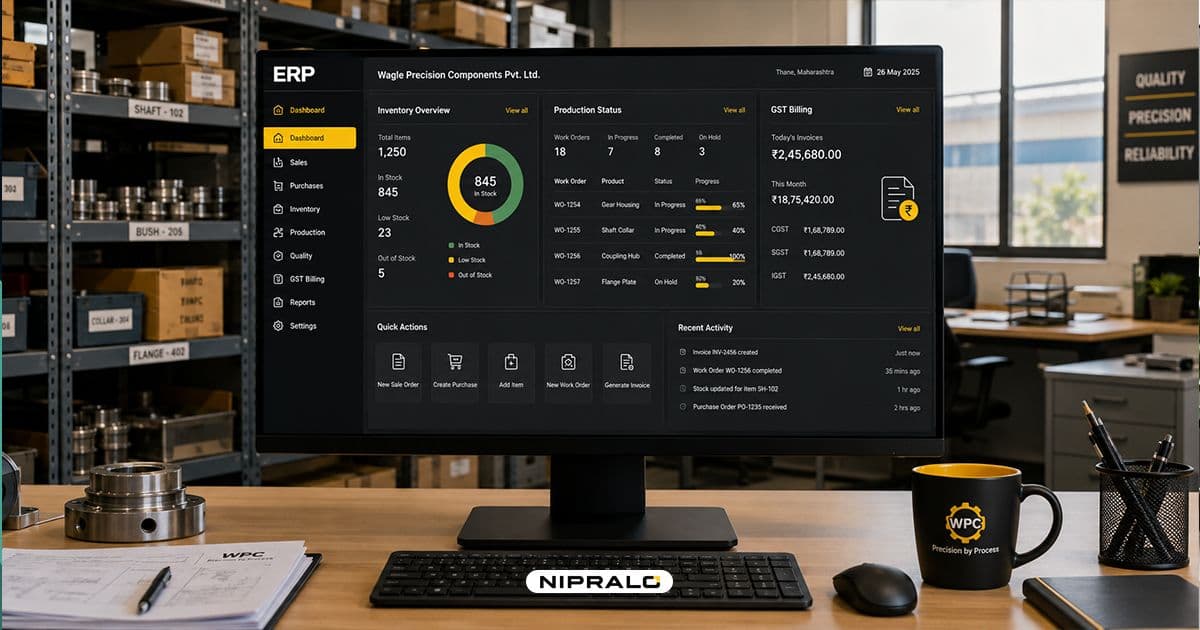 Custom ERP and automation dashboard showing stock, production and billing for a Thane business