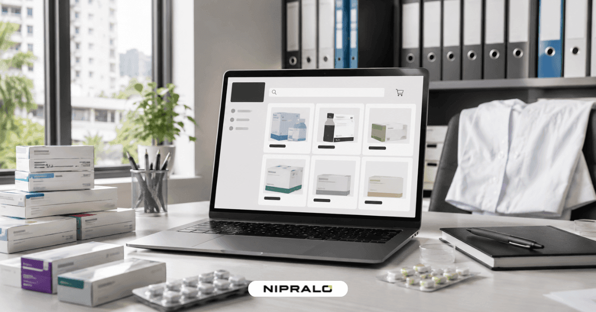Searchable product catalogue page from a Nipralo build, the layout pattern for pharma catalogue websites