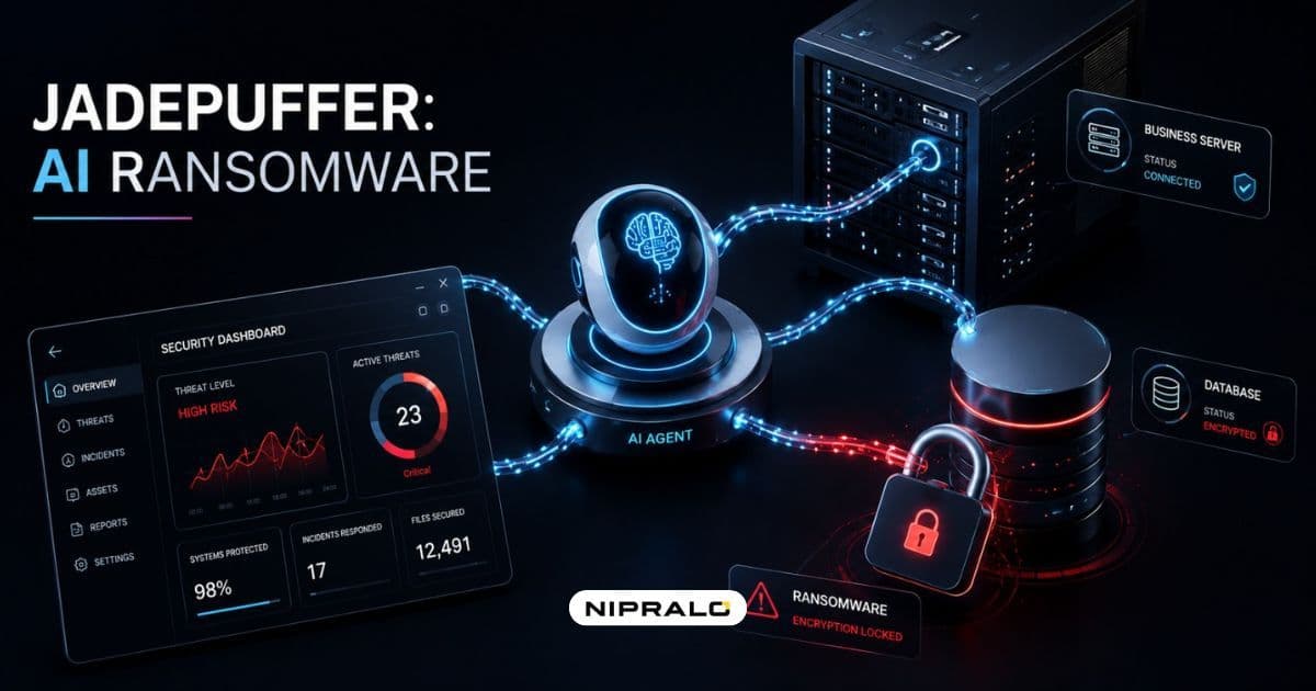 JADEPUFFER ransomware concept showing an autonomous AI agent attacking a business server while a diverse team responds, illustrating AI ransomware protection for business