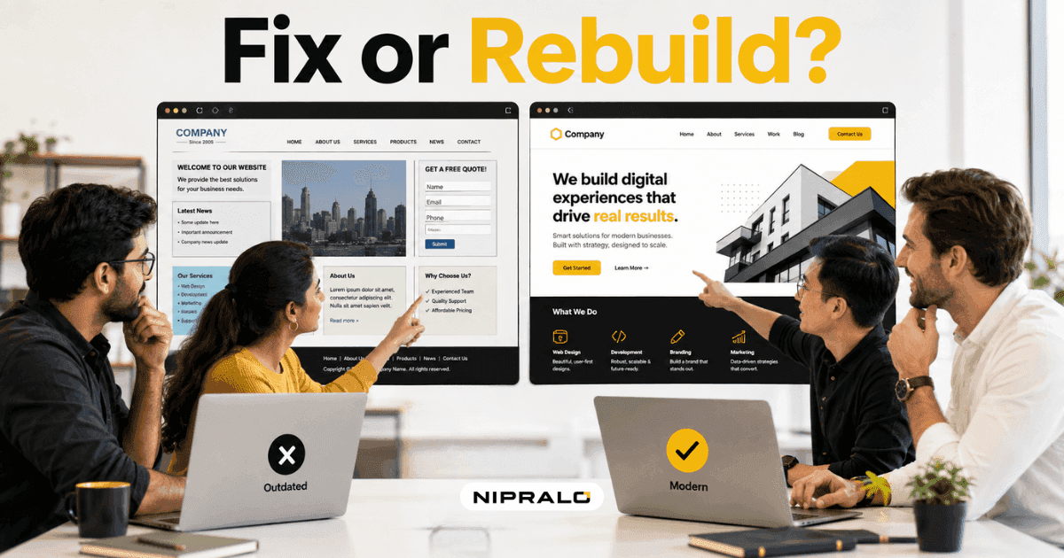 Business owner comparing an outdated website and a modern website redesign on two screens while a diverse team reviews the layout in a bright office