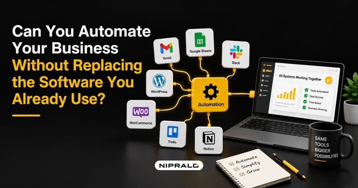 Illustration showing existing business software tools connected by a new integration layer instead of being replaced, with data flowing automatically between them. 