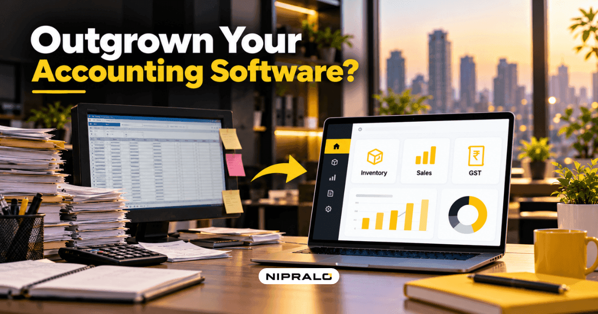 Comparison of TallyPrime, Zoho, ERPNext and a custom dealer app on screens with GST invoice icons, showing the best ERP software for small business in India