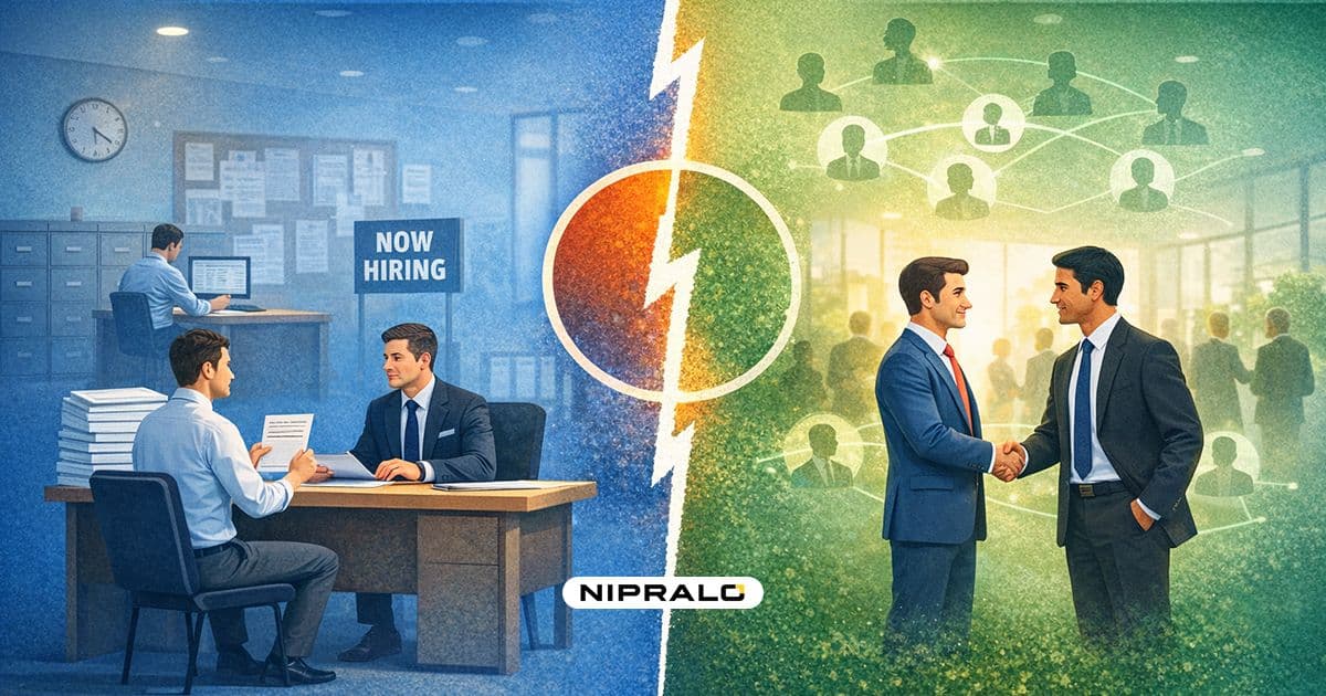 Side-by-side comparison of recruitment and talent acquisition strategies, showing short-term hiring versus long-term workforce planning for business growth