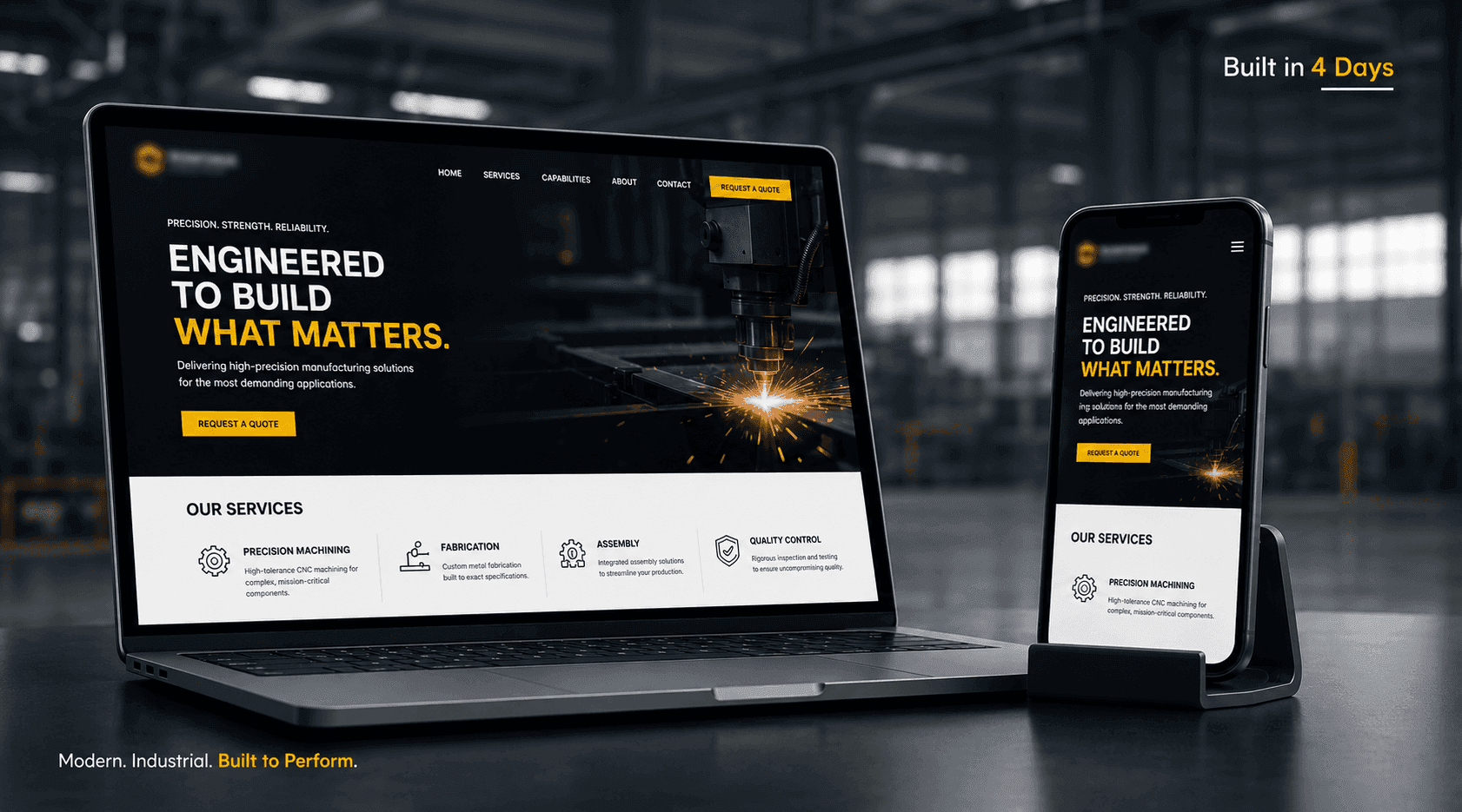 Homepage of the custom full-stack website built in four days for an industrial manufacturing firm, an example of fast website development for a manufacturing business under a tender deadline.