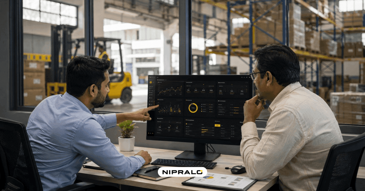ERP dashboard on a screen inside a Navi Mumbai industrial office, custom software by Nipralo Technologies