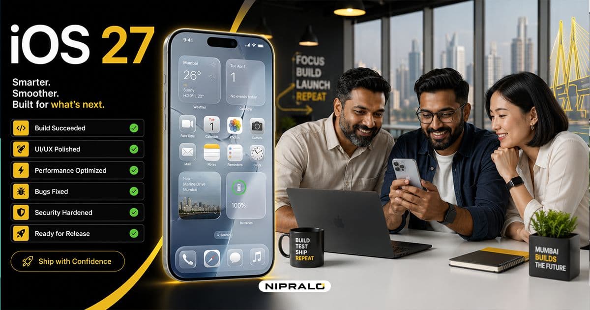 Illustration of an iPhone showing iOS 27 features beside a checklist of app fixes Mumbai businesses must complete before the iOS 27 release.