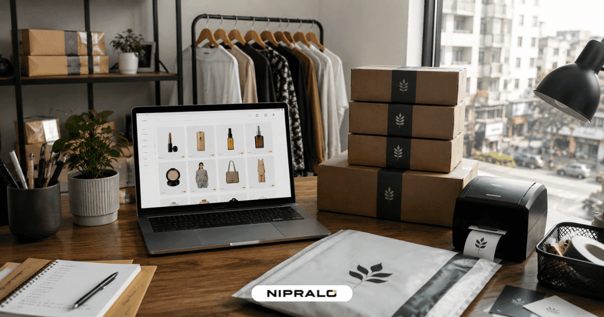 Ecommerce website development in Andheri: a custom online store on a laptop in a Mumbai D2C brand's office, packed shipping boxes stacked beside it.