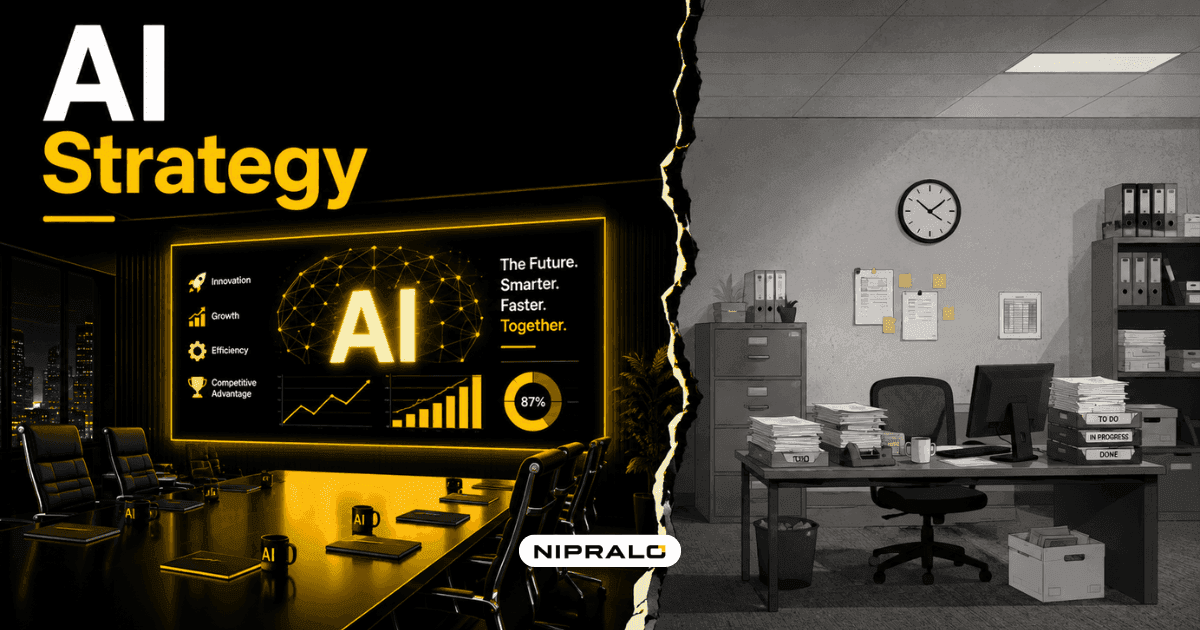 Illustration showing the gap between a company's announced AI strategy and its real impact, contrasting a polished boardroom slide with an untouched everyday workflow