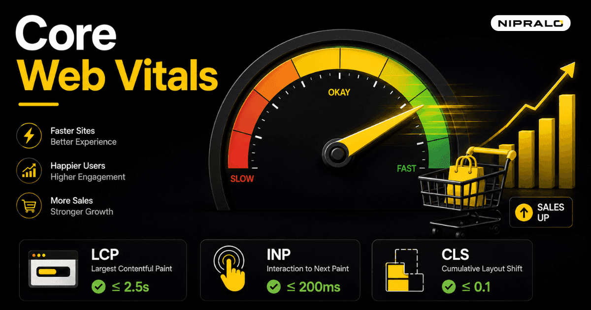 Illustration of a website speed gauge next to a shopping cart, showing how Core Web Vitals and page load time affect sales and Google ranking for a business site.