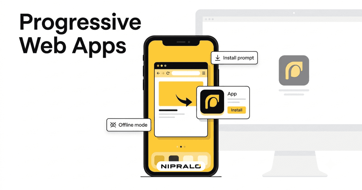 Illustration showing progressive web apps as a phone that works like an installable app across mobile and desktop, blending a website and an app icon on a home screen.