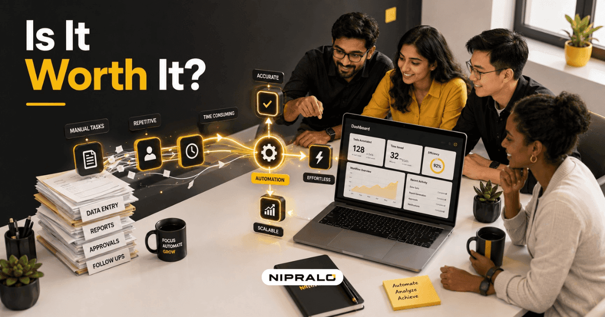 Small business team reviewing AI automation for business dashboards on a laptop, comparing manual tasks against automated workflows in a bright office