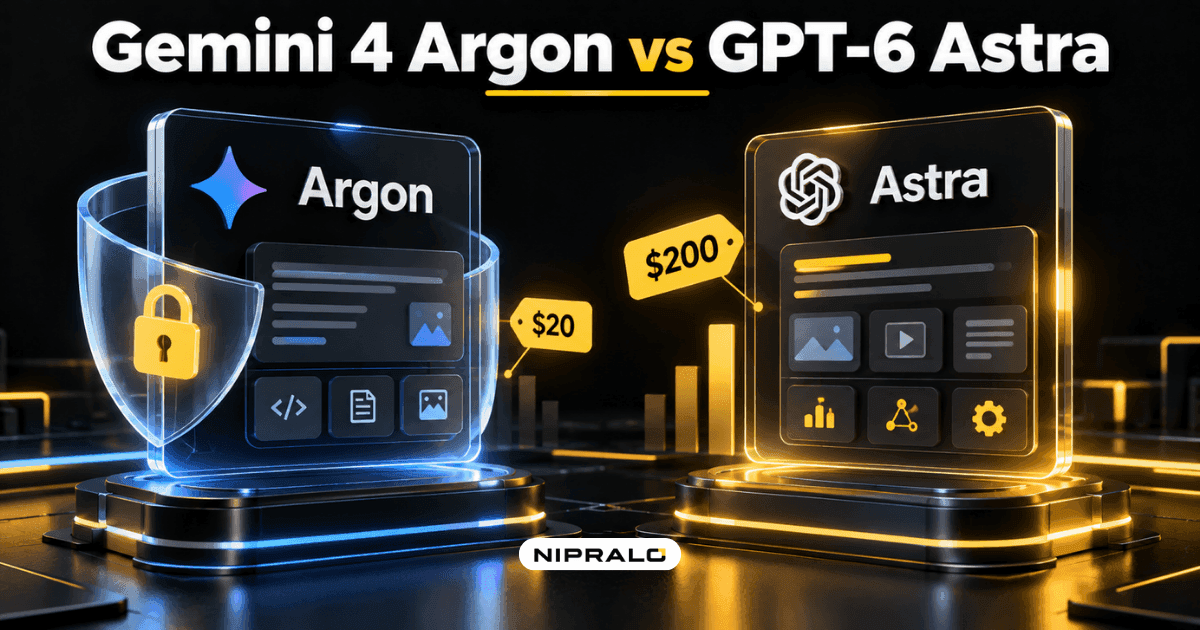 A locked Gemini 4 Argon model panel beside an open GPT-6 Astra panel with price tags, illustrating the Gemini 4 release date and Argon vs Astra