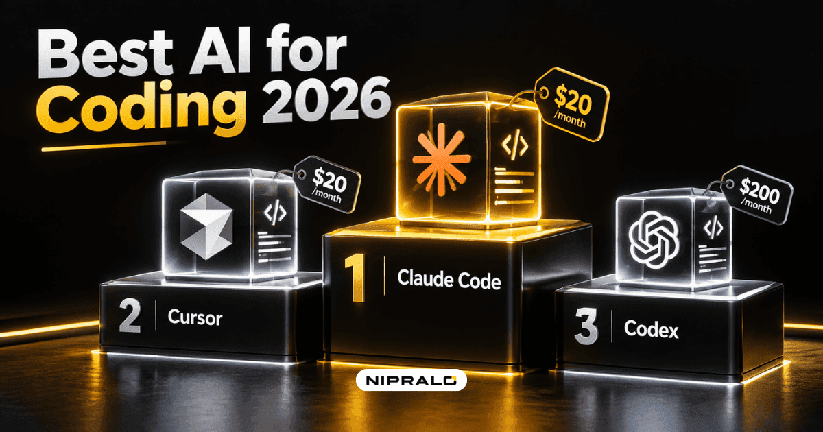 Tiered podium of glowing code blocks with price tags, illustrating the best AI for coding in 2026 ranked by benchmark score and cost per task