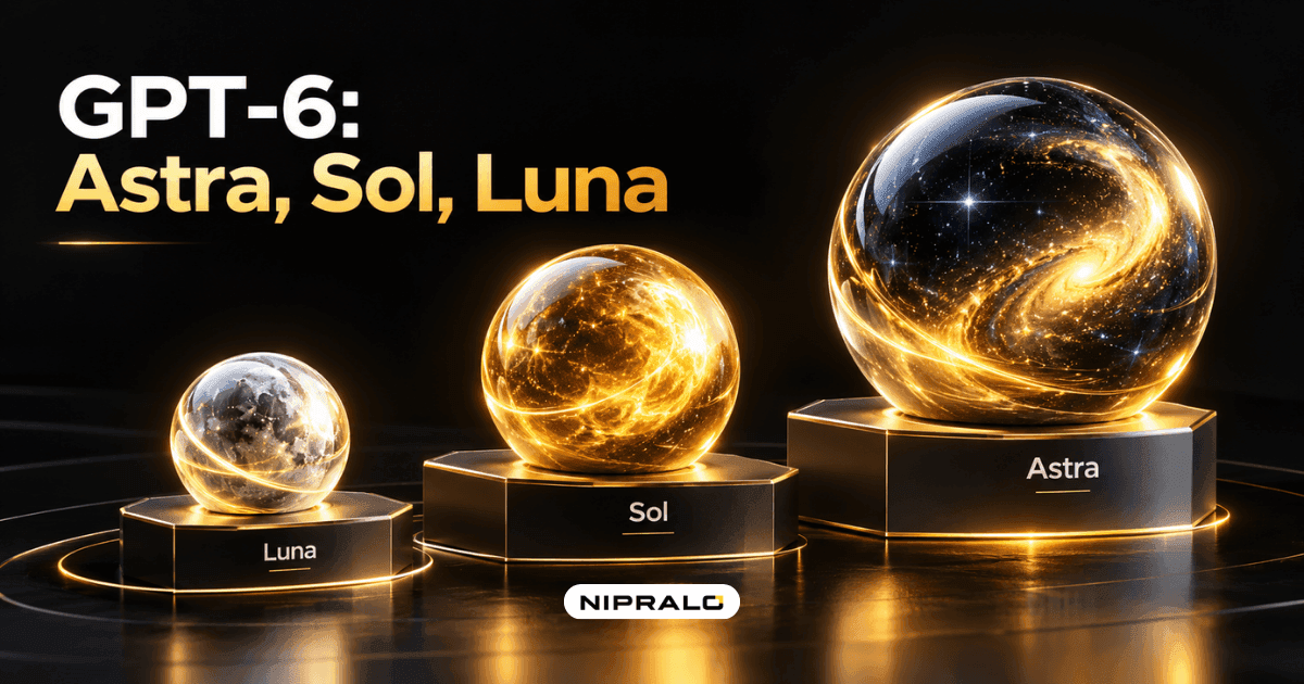 Three glowing spheres of different sizes labelled Astra, Sol and Luna on a dark background, illustrating the GPT-6 release date and model family comparison
