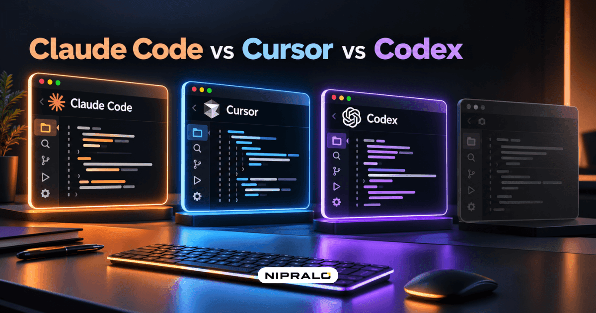 Three lit terminal windows and one dimmed window on a dark desk, illustrating Claude Code vs Cursor vs Codex with Gemini CLI retired in 2026