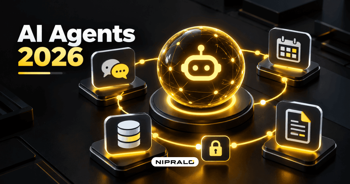 Diagram of an AI agent loop connecting a language model to business tools like WhatsApp, calendar and CRM, illustrating AI agents explained for 2026
