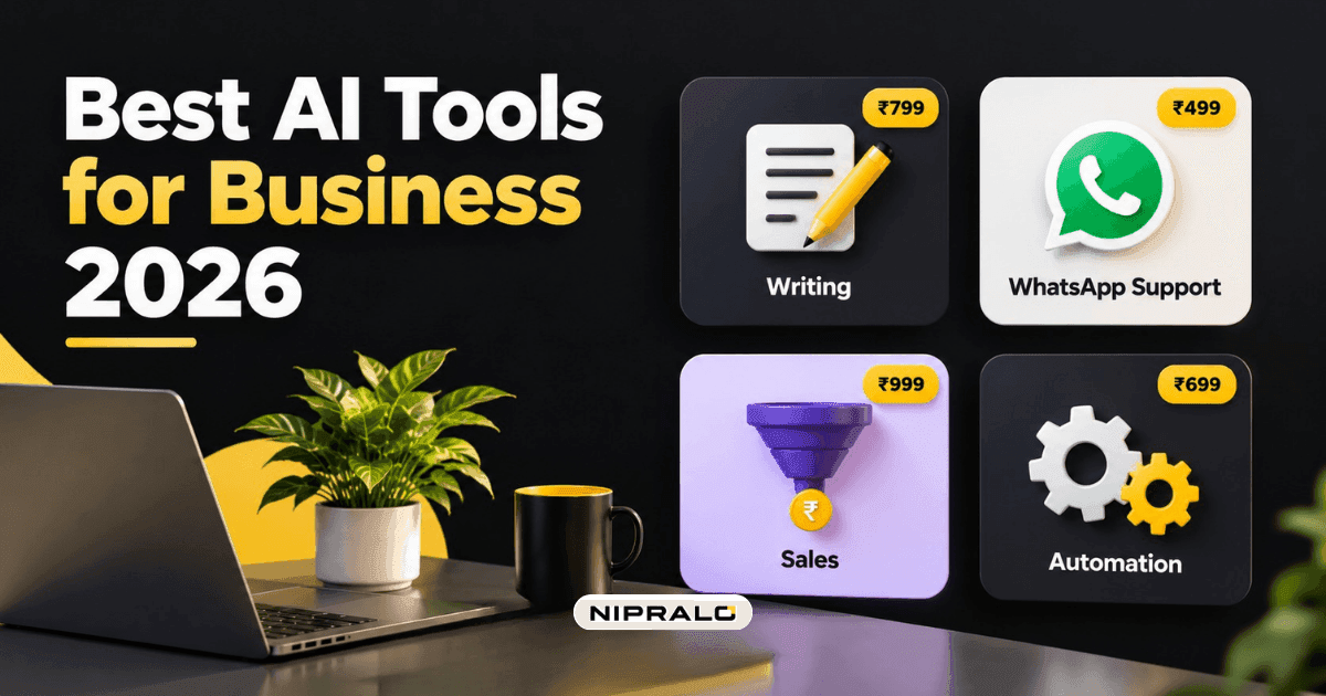 Grid of business AI tool icons for writing, WhatsApp support, CRM, design, meetings and automation with rupee price tags, showing the best AI tools for business 2026