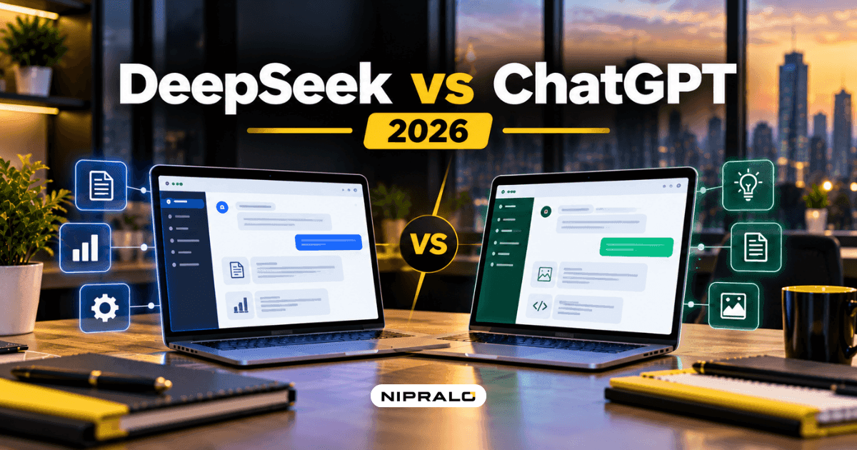 DeepSeek and ChatGPT chat windows side by side with price tags, a clock showing peak hours and a data padlock, illustrating a DeepSeek review for business